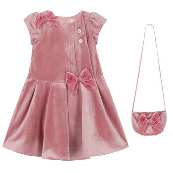 Girls Pink Bow Dress & Bag Set