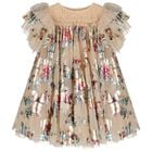 Girls Beige Tulle Flowers Dress, 3, hi-res