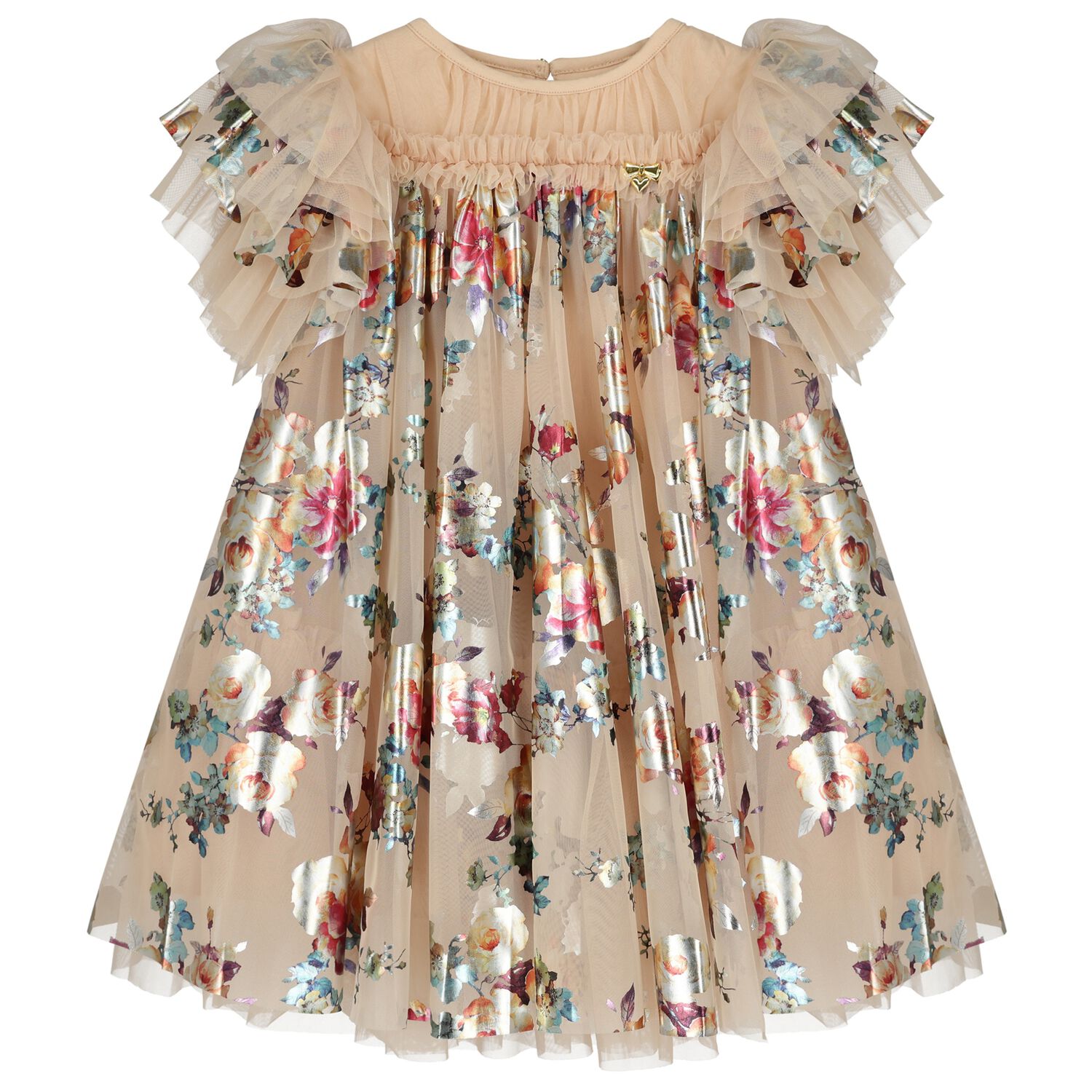 Girls Beige Tulle Flowers Dress, 3, hi-res