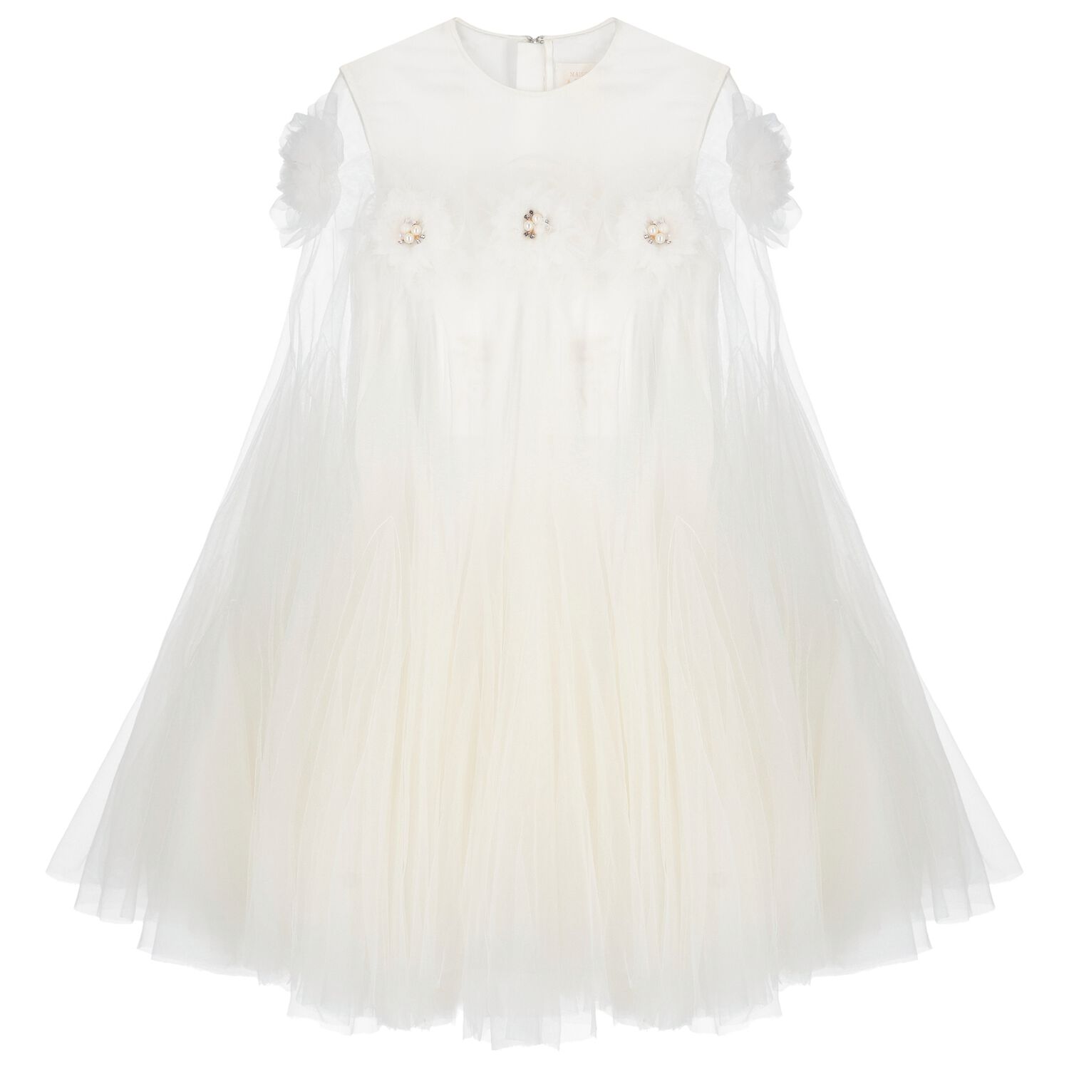 Girls White Flower Cape Tulle Dress, 1, hi-res