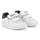 Boys White & Navy Blue Logo Trainers, 2, hi-res