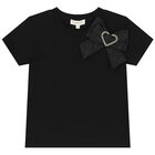 Girls Black Jacquard Heart Bow T-Shirt, 2, hi-res