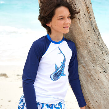 Boys White & Blue Shark Long Sleeve Rash Vest