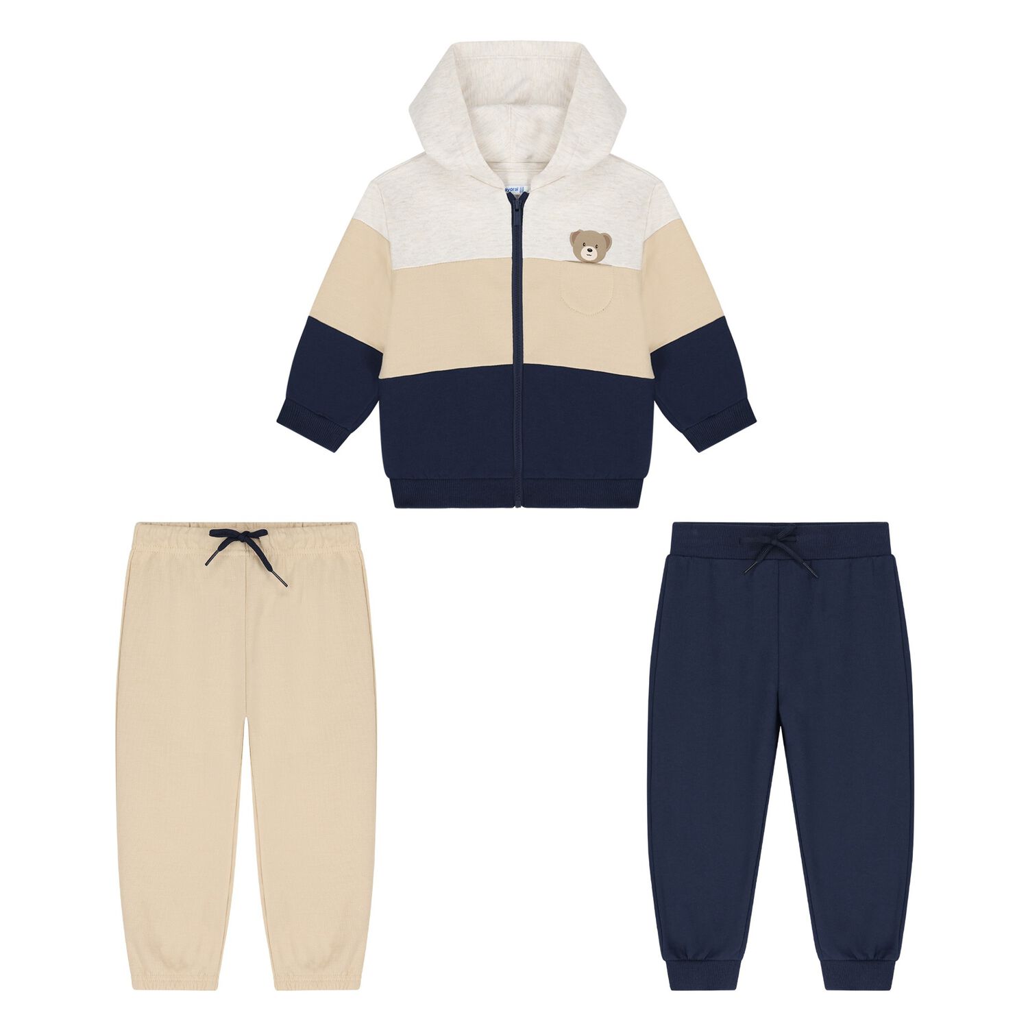 Younger Boys Beige, Grey & Navy Blue 3-Piece Tracksuit, 4, hi-res