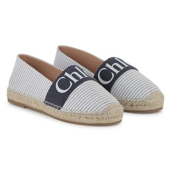 Girls White & Blue Striped Logo Espadrilles