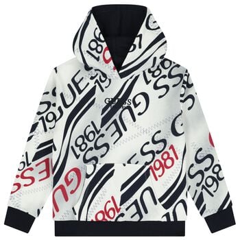 Boys White & Navy Blue Logo Hooded Top