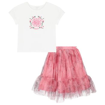 Girls White & Pink Floral Tulle Skirt Set