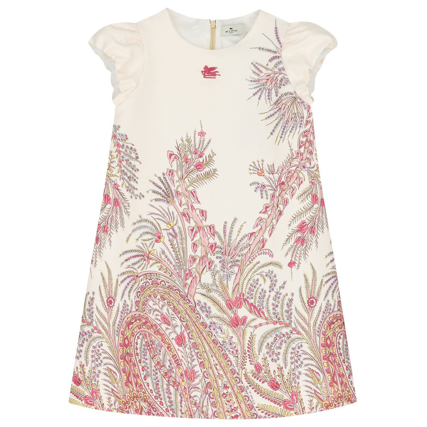 فستان بنات باكمام منفوخه باللون العاجى والوردى , 2, hi-res