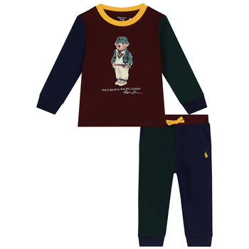 Baby Boys Burgundy, Green & Navy Blue Polo Bear Tracksuit