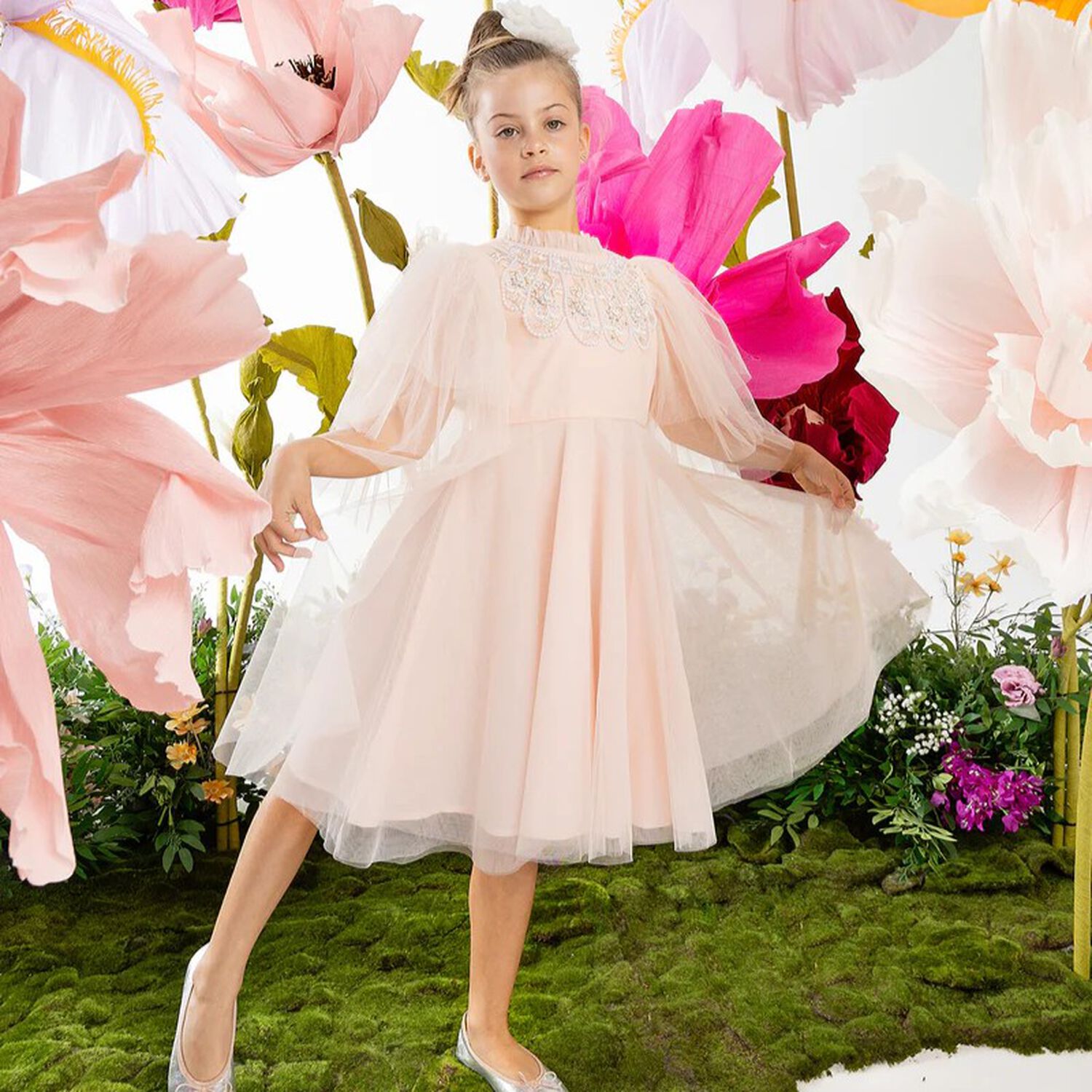 Girls Pink Embellished Tulle Dress, 1, hi-res image number null