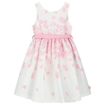 Girls White & Pink Petal Bow Dress