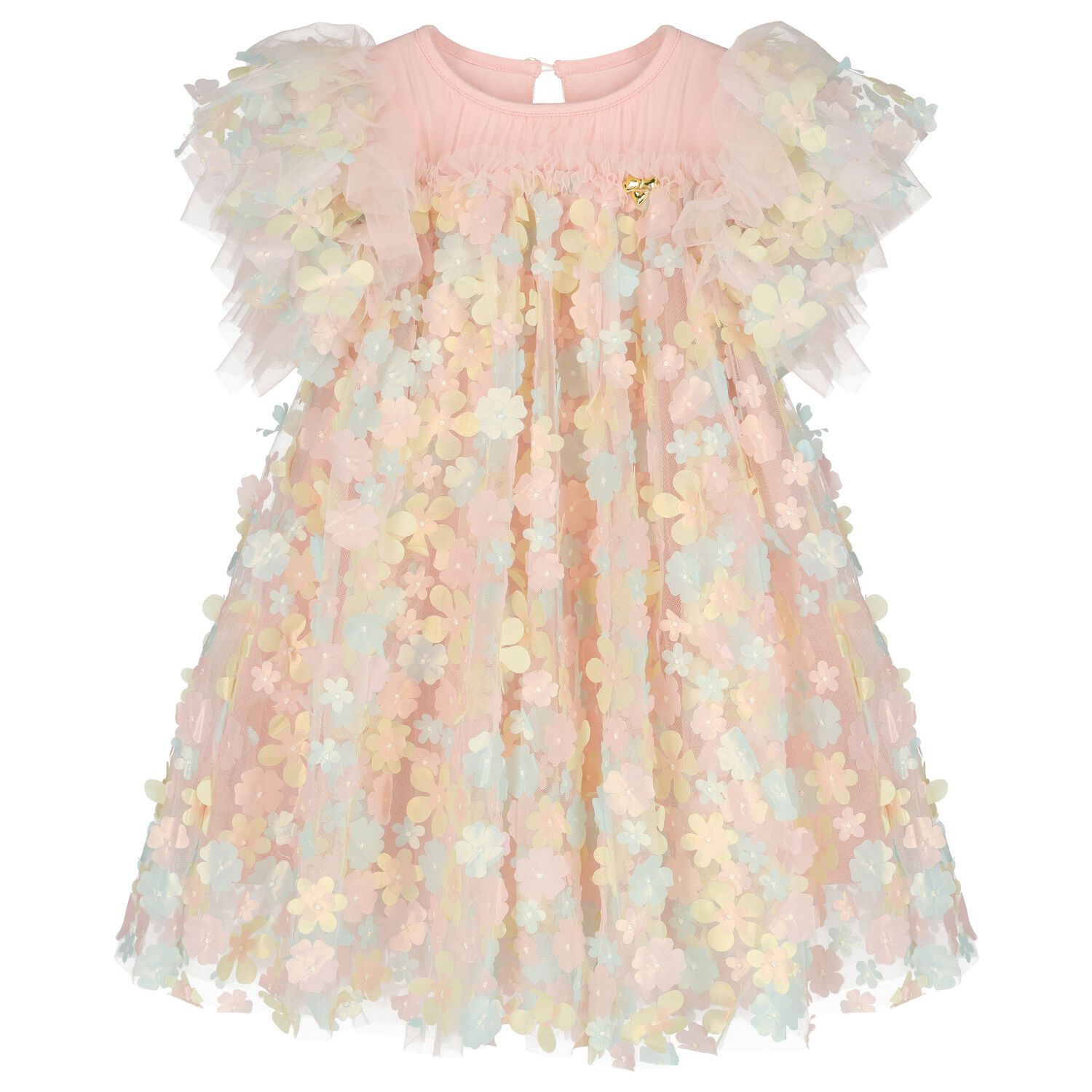 Girls Pink Tulle Flowers Dress, 1, hi-res