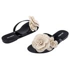 Girls Black & Beige Logo Flower Flip Flops, 2, hi-res