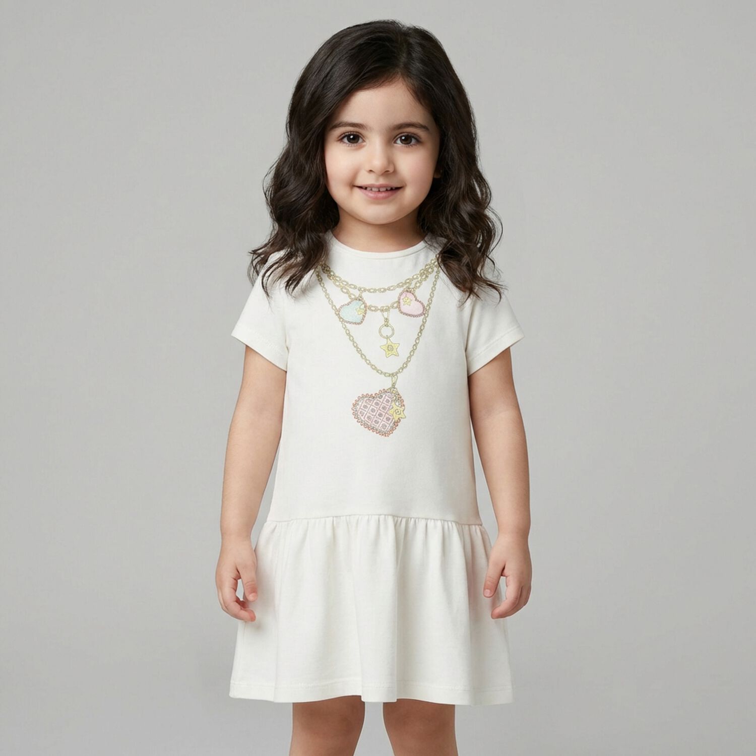 Younger Girls Ivory Necklace Logo Dress, 1, hi-res