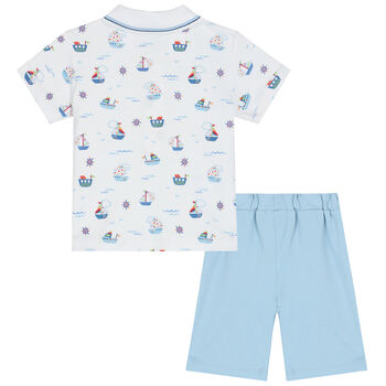 Baby Boys White & Blue Boats At Sea Shorts Set