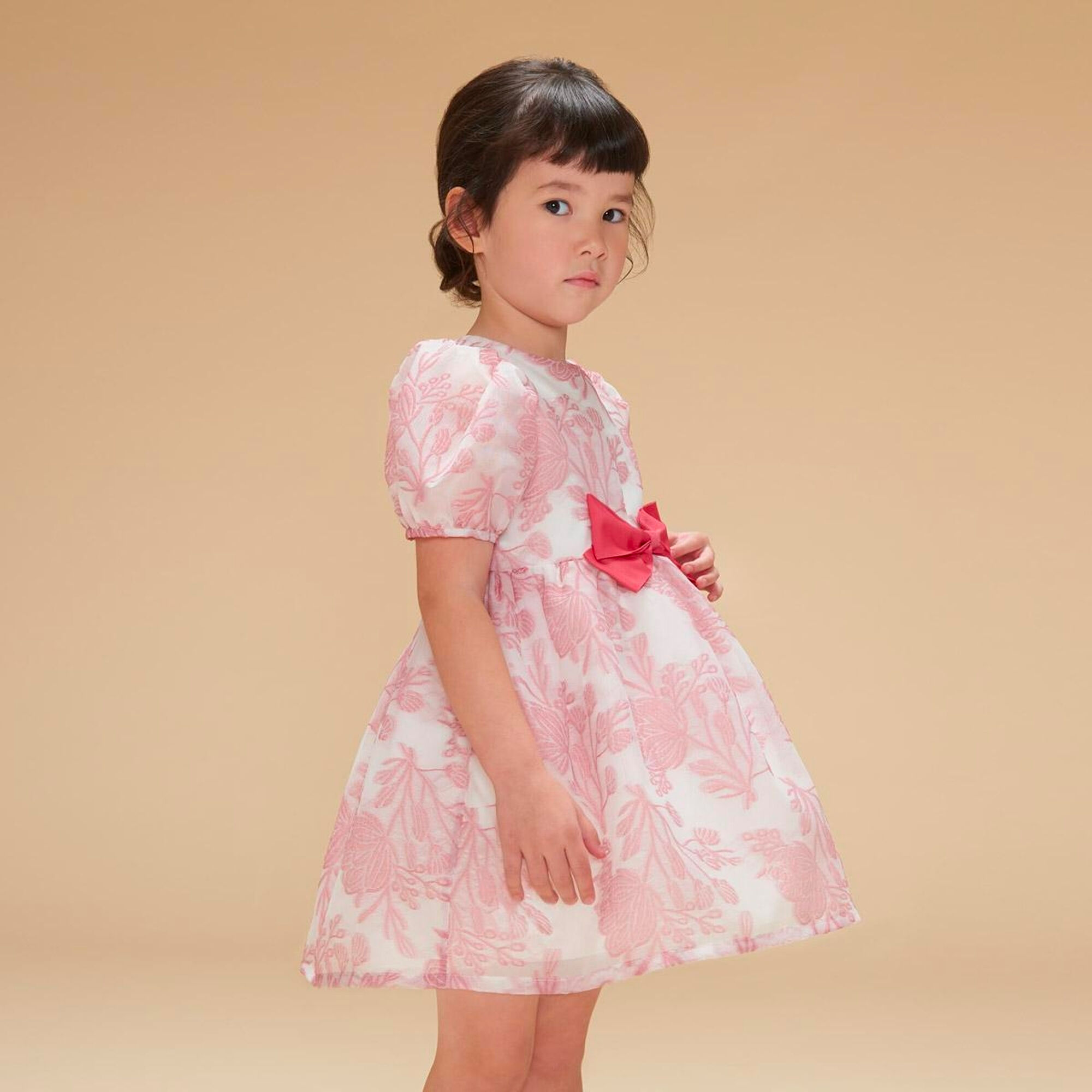 Hucklebones Girls White Pink Floral Organza Dress Junior