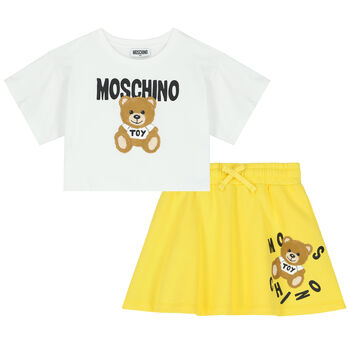 Girls White & Yellow Teddy Logo Skirt Set