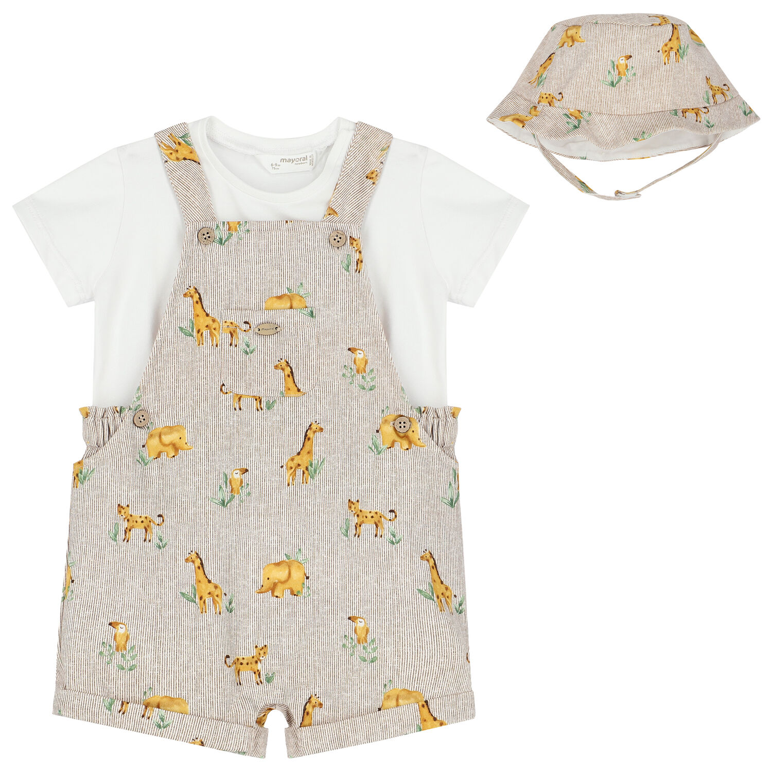 Baby Boys White & Beige Animals Dungarees Set, 2, hi-res