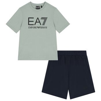 Boys Green & Navy Blue Logo Shorts Set