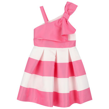 Girls White & Pink Striped Satin Dress