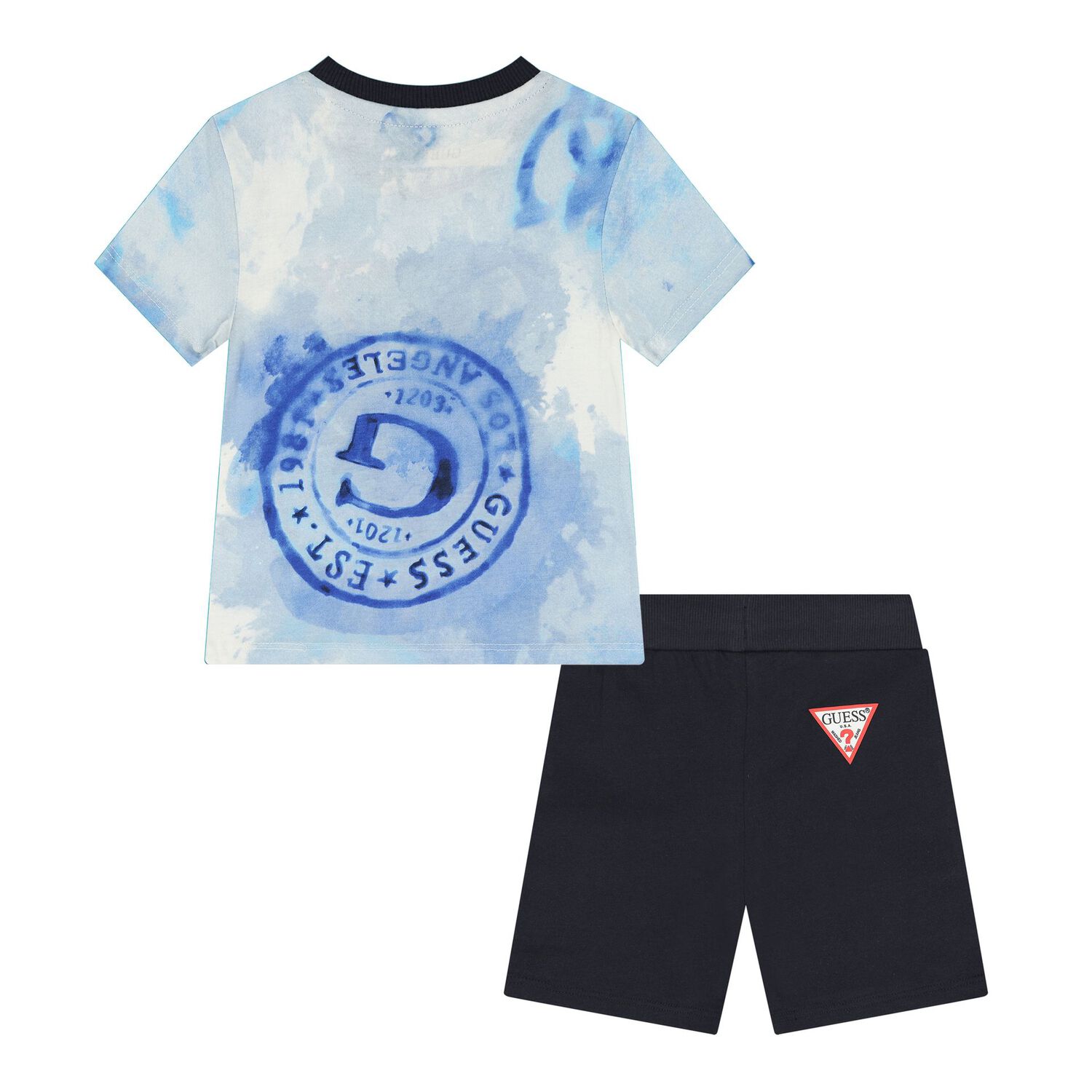 Baby Boys White, Blue & Navy Blue Logo Shorts Set, 1, hi-res