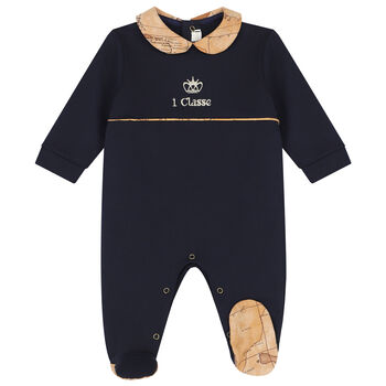 Baby Boys Navy Blue & Beige Logo Babygrow