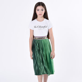 Girls Green Logo Pleated Skirt