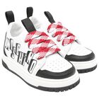 White & Black Logo Leather Trainers, 1, hi-res