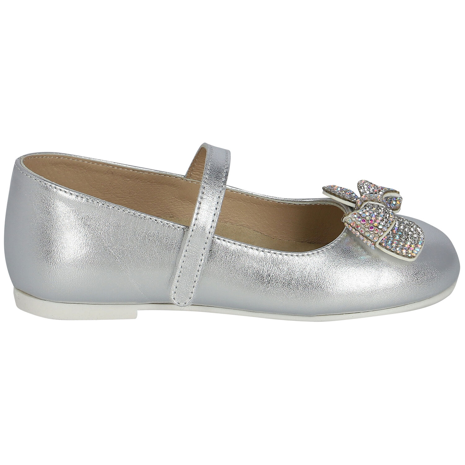 Girls Silver Diamante Bow Shoes, 1, hi-res image number null