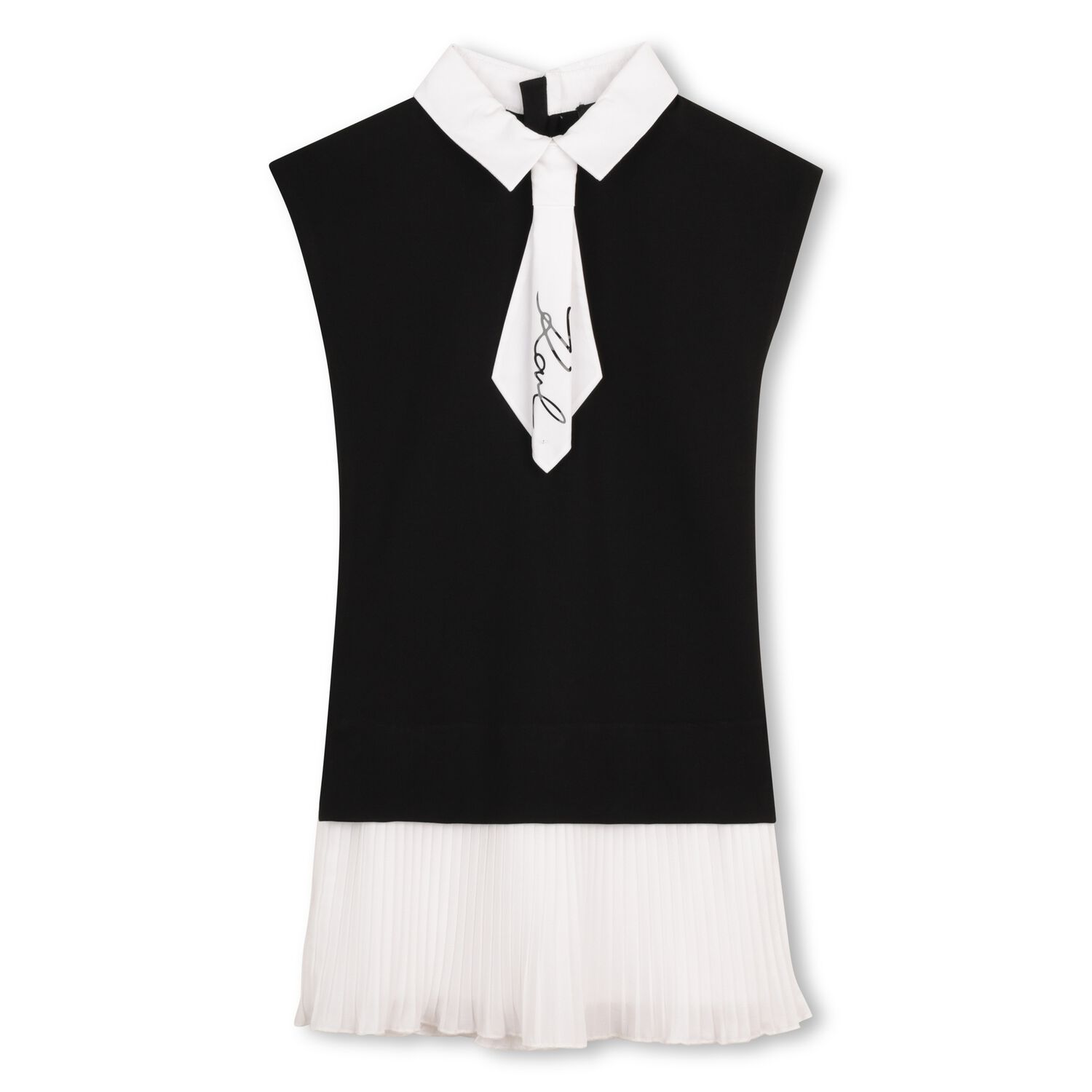 Girls Black & White Pleated Crepe Dress, 1, hi-res