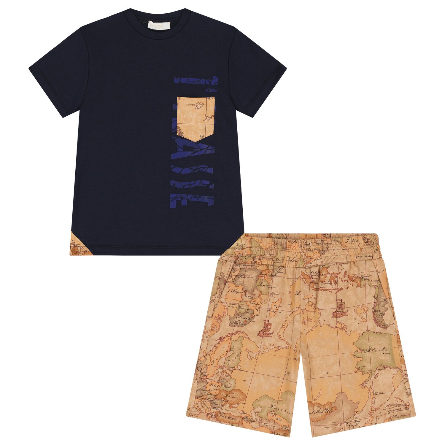 Boys Navy Blue & Beige Geo Map Shorts Set, 2, hi-res