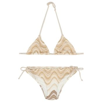 بيكيني للبنات مخطط باللون البيج والذهبي 
