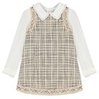 Girls Beige & White Tweed Pinafore Dress, 1, hi-res