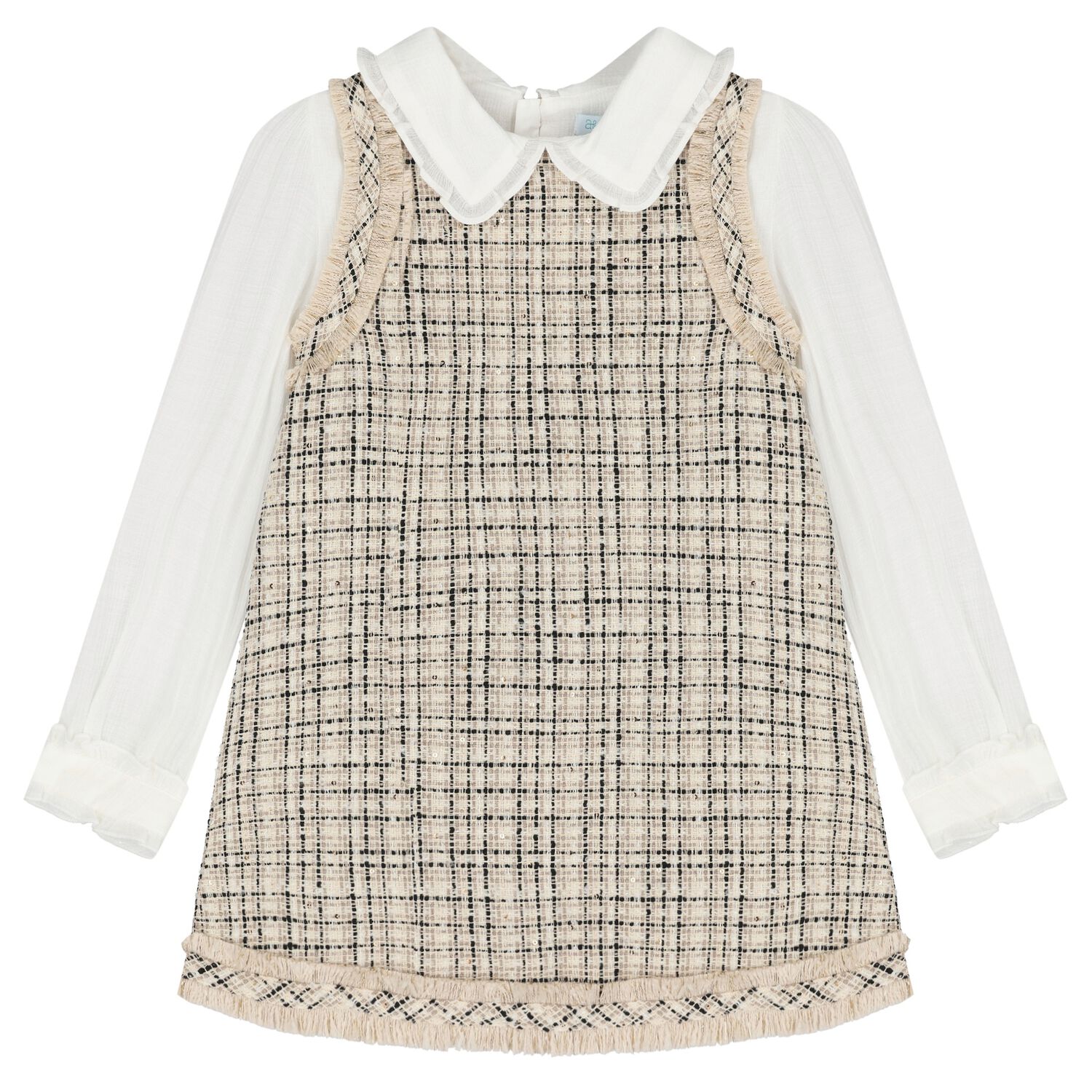 Girls Beige & White Tweed Pinafore Dress, 1, hi-res