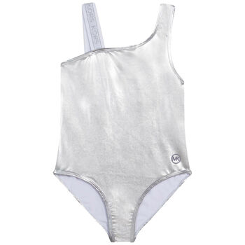 Girls Metallic Silver Logo Swimsuit