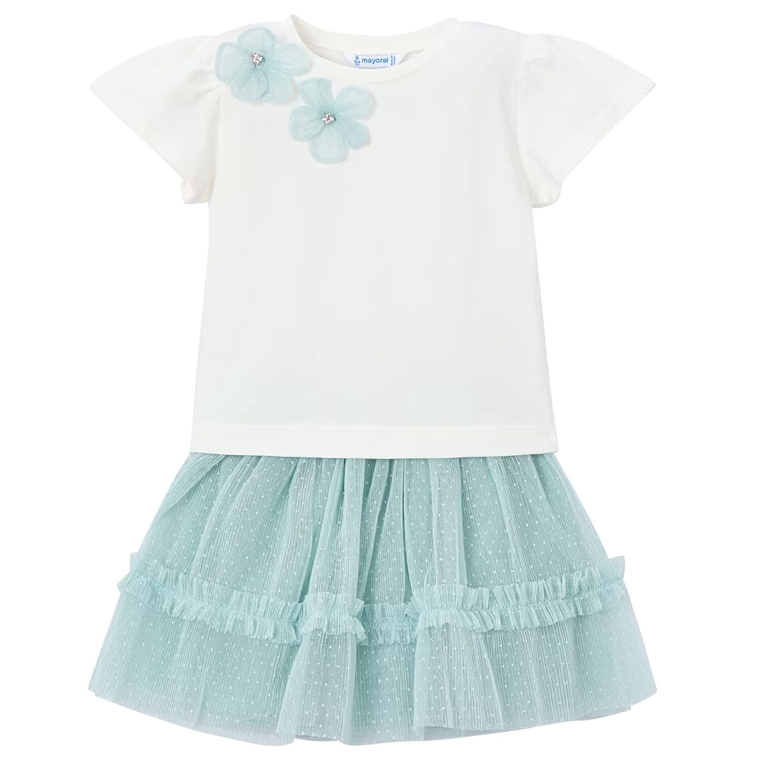 Girls White & Aqua Floral Tulle Skirt Set, 1, hi-res