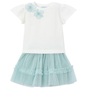 Girls White & Aqua Floral Tulle Skirt Set