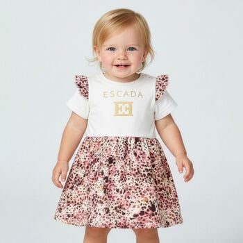 Younger Girls Ivory & Pink Logo Ruffled Dress