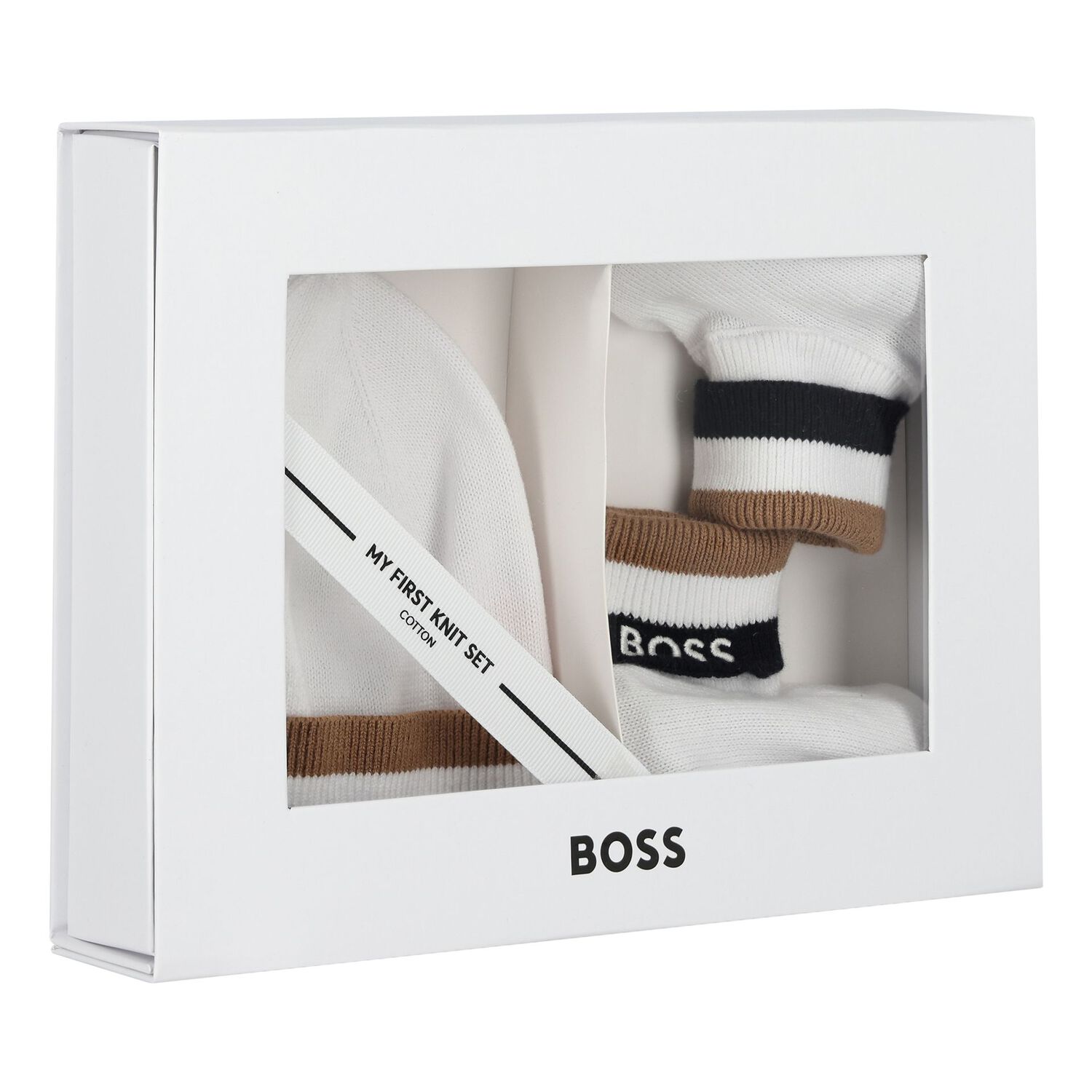 White Logo Hat & Booties Baby Gift Set, 1, hi-res