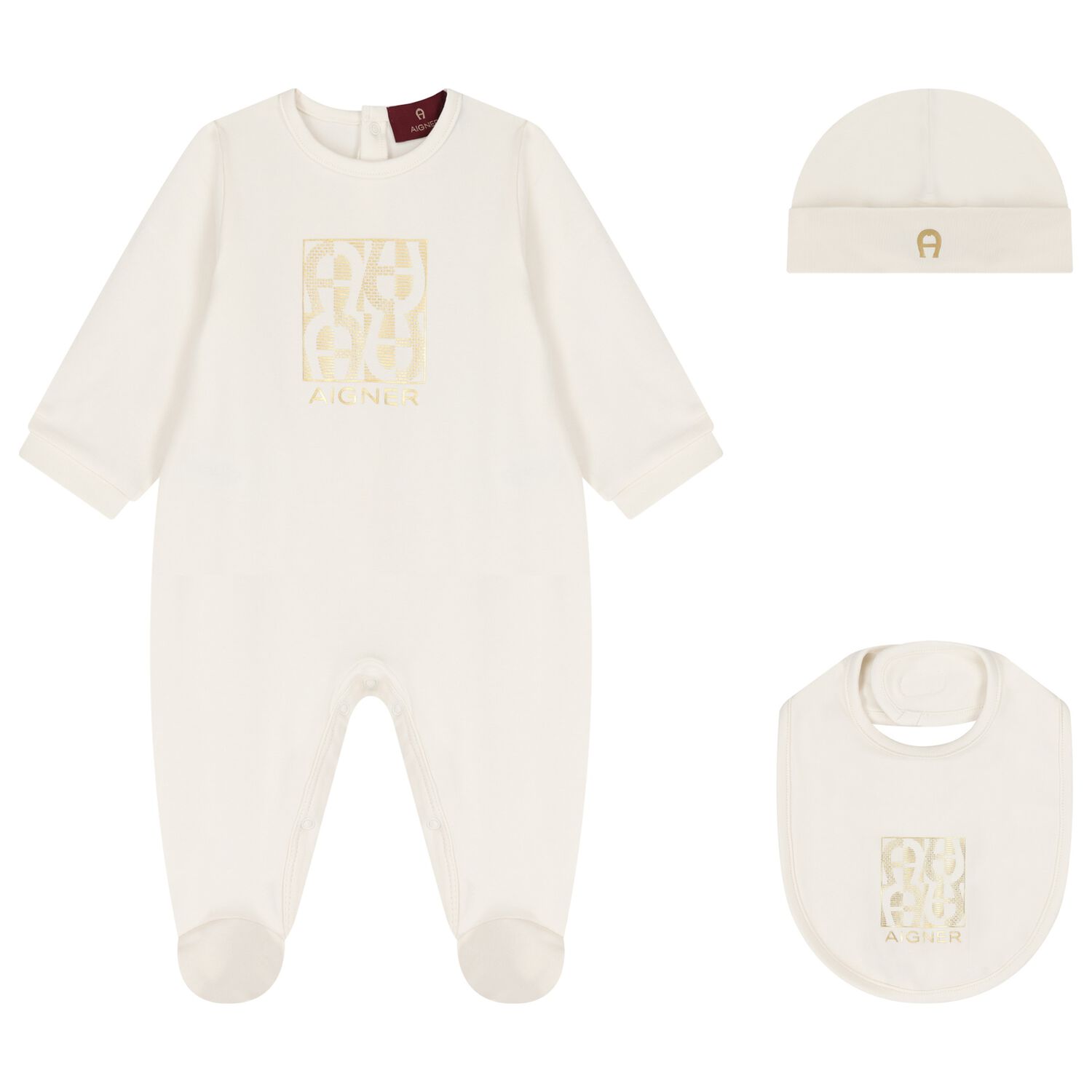 Ivory & Gold Babygrow, Hat & Bib Gift Set, 1, hi-res