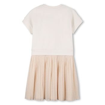Girls Beige Logo Pleated Dress