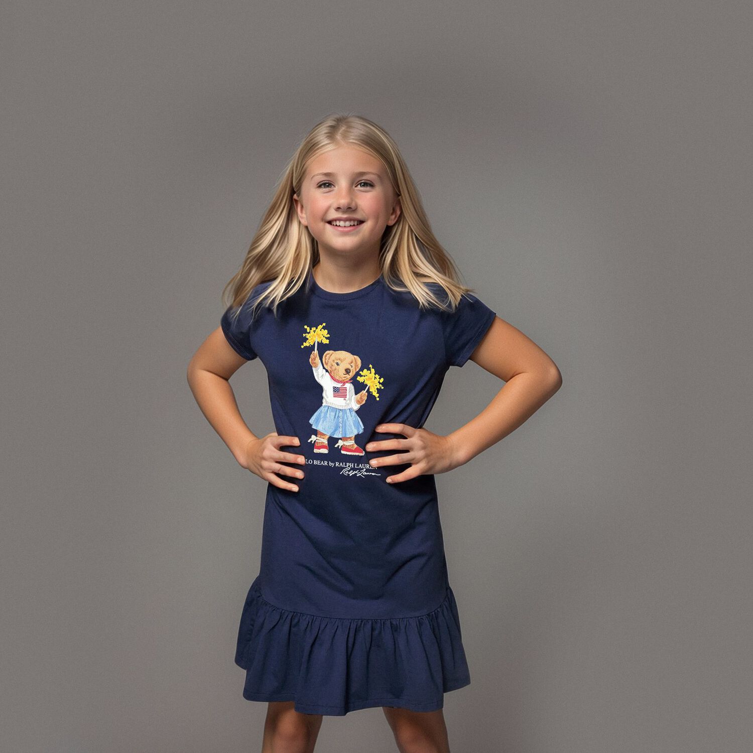 Girls Navy Blue Polo Bear Dress, 1, hi-res
