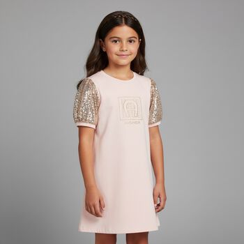 فستان بنات بالشعار باللون الوردي والذهبي 