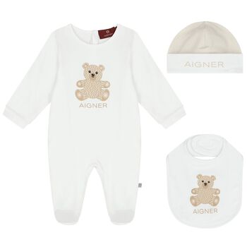 White Teddy Bear Logo Babygrow Set