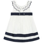 Younger Girls White & Navy Blue Dress, 1, hi-res