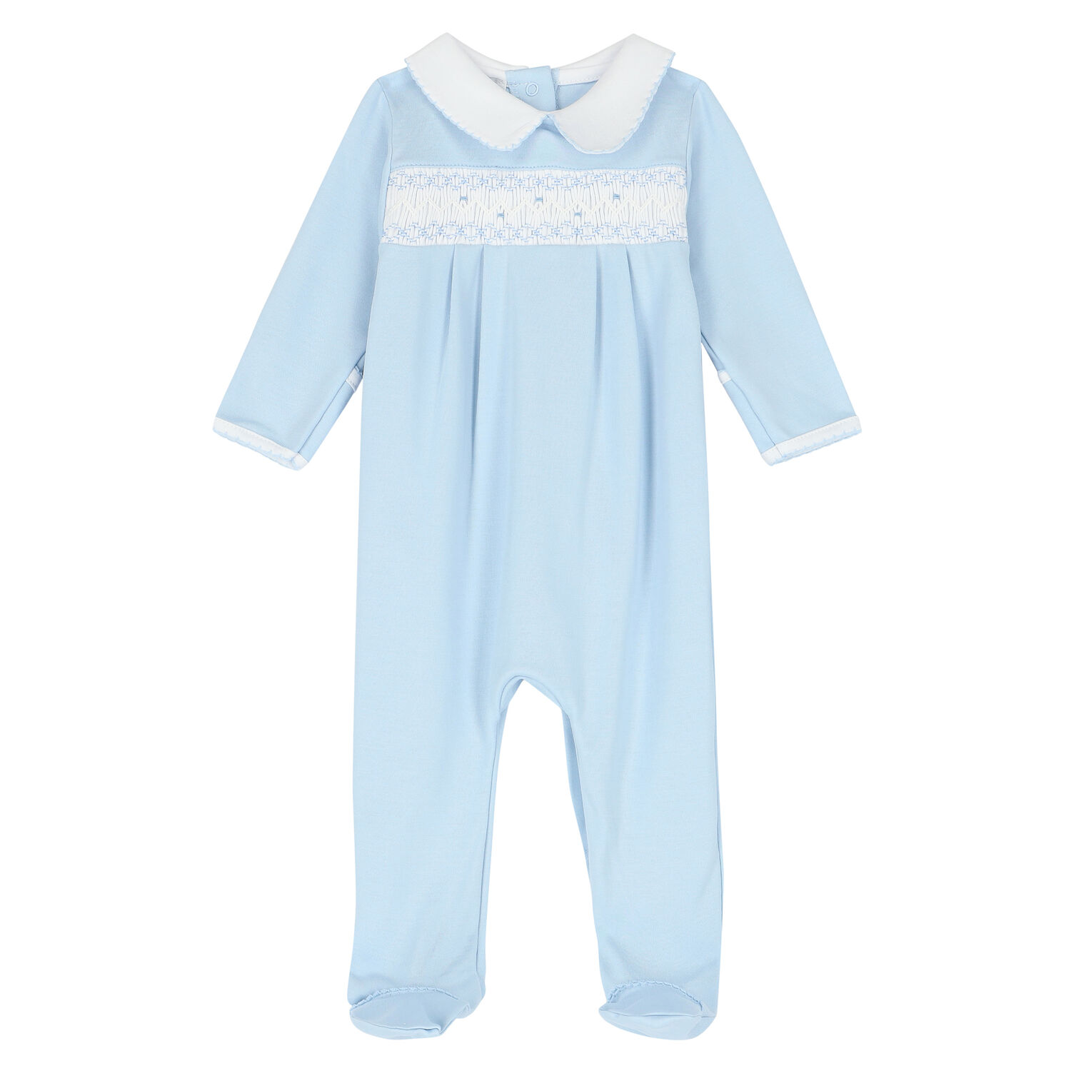 Baby Boys Blue & White Smocked Babygrow, 1, hi-res