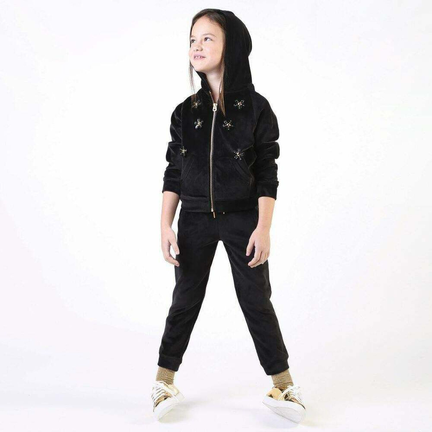 Girls black Velour Joggers, 1, hi-res
