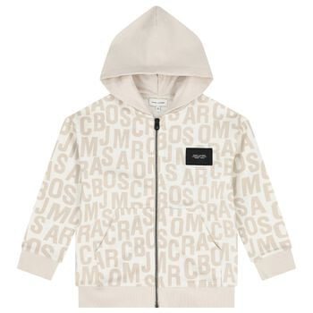Boys White & Beige Logo Hooded Zip Up Top