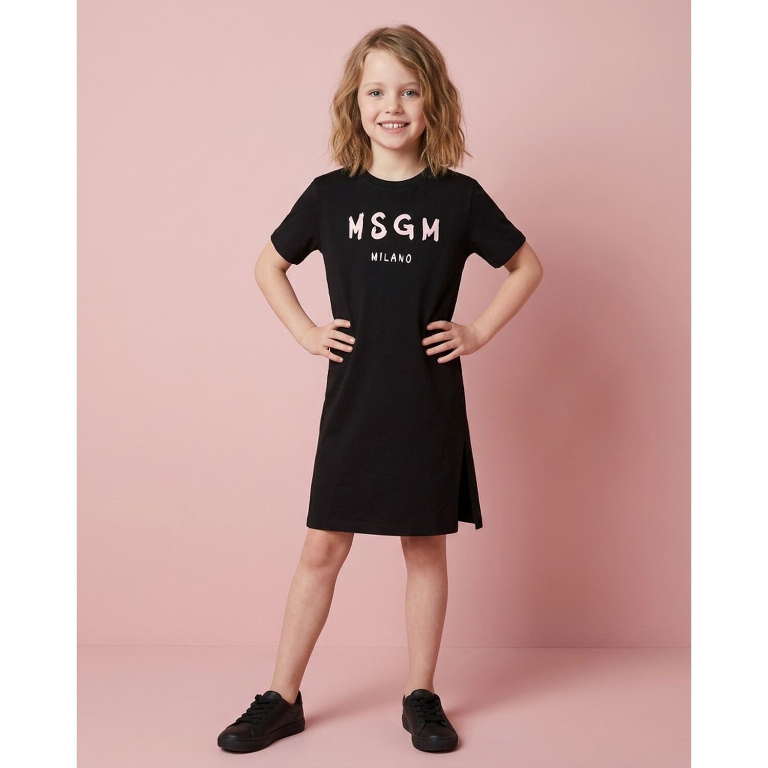 Girls Black Logo Dress, 1, hi-res