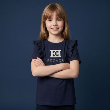 Girls Navy Blue Logo Ruffled T-Shirt